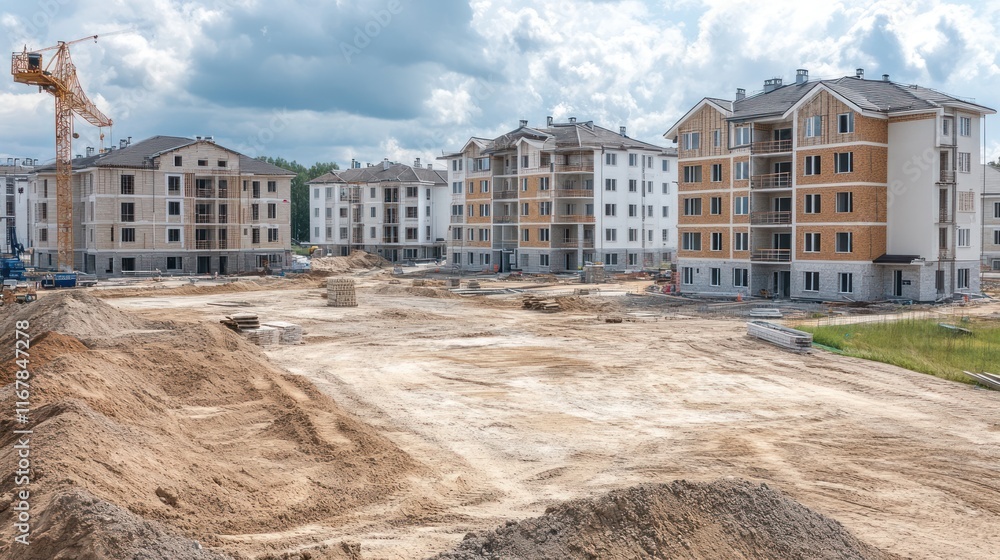 Under construction apartment complex with crane, leveled land, and various building materials. Under construction apartment complex with crane, leveled land, and various building materials.