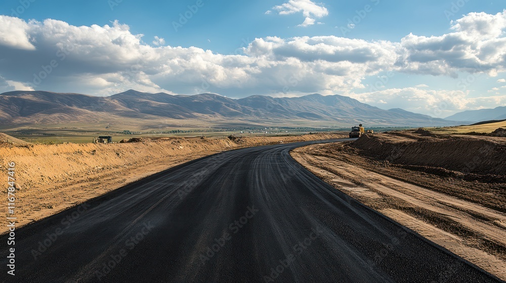 Fototapeta premium Newly paved road under construction in a scenic mountain landscape.