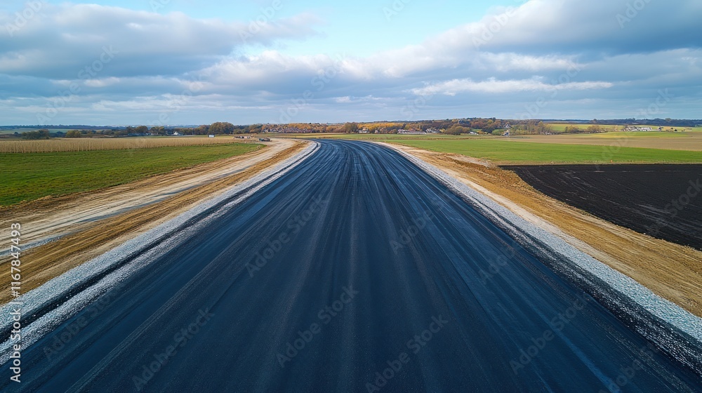 Fototapeta premium Newly paved road under construction in rural landscape.
