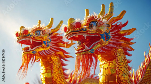 Traditional Chinese Dragon Dance Golden and Red Dragons Unleashed