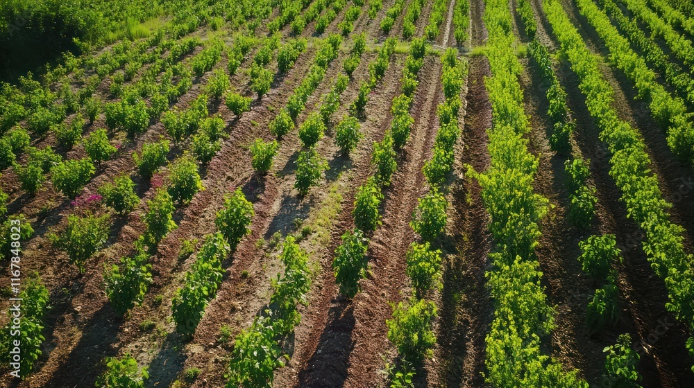 Aerial view of a vineyard with rows of grapevines. Sunlit rows of green grapevines stretching across a hillside. Rich soil and healthy vegetation. Agriculture Aerial view of a vineyard with rows of grapevines. Sunlit rows of green grapevines stretching across a hillside. Rich soil and healthy vegetation. Agriculture