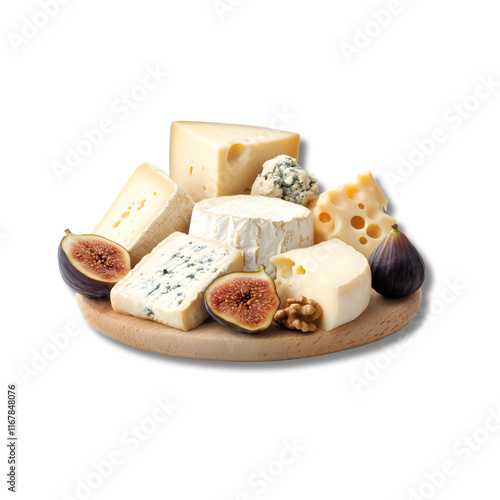 Gourmet cheese platter with figs and walnuts on wooden board