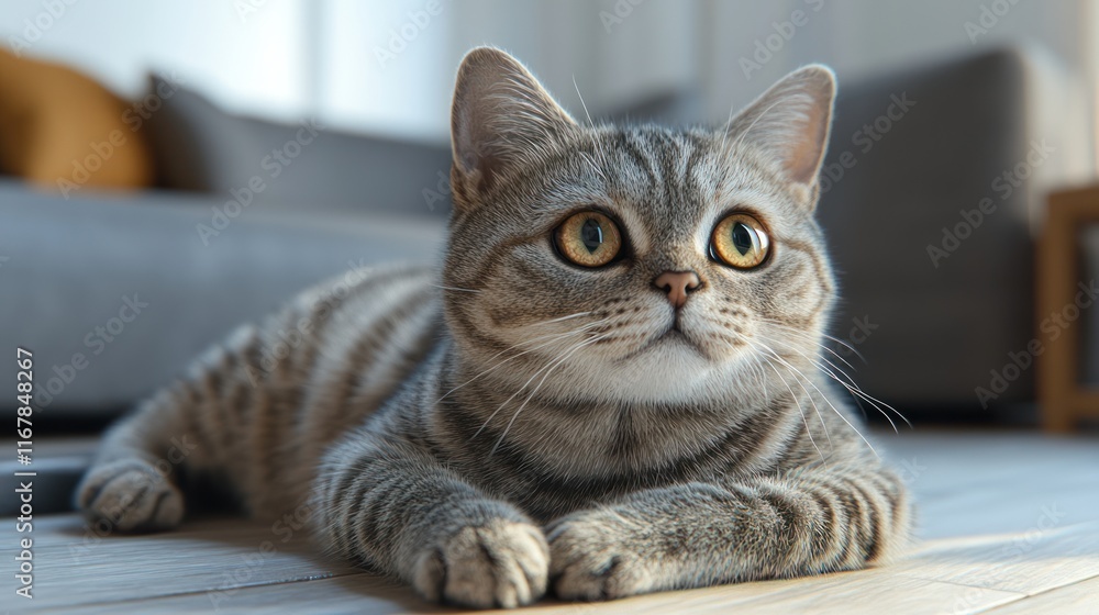A gray tabby British shorthair cat lying on a light-colored wooden floor, looking upward with wide-eyed curiosity, in a cozy living room. A gray tabby British shorthair cat lying on a light-colored wooden floor, looking upward with wide-eyed curiosity, in a cozy living room.