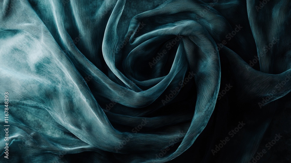 Obraz premium Elegant teal fabric in a swirling pattern captures light and texture with delicate folds and depth