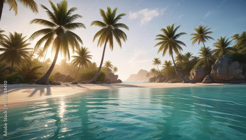 A vibrant beach scene with palm trees and a calm ocean, ocean, beach, tropical A vibrant beach scene with palm trees and a calm ocean, ocean, beach, tropical