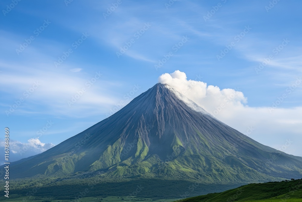 Mountain with a green peak and a cloud of smoke coming from it Mountain with a green peak and a cloud of smoke coming from it