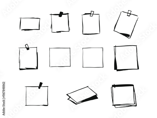 Illustration hand drawn of a set of sketch style sticky notes in various shapes and positions complete with sticky tape