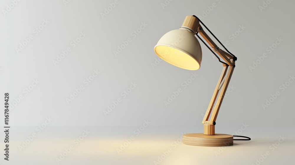 Stylish wooden desk lamp with adjustable arm providing warm light in a minimalistic workspace setting Stylish wooden desk lamp with adjustable arm providing warm light in a minimalistic workspace setting