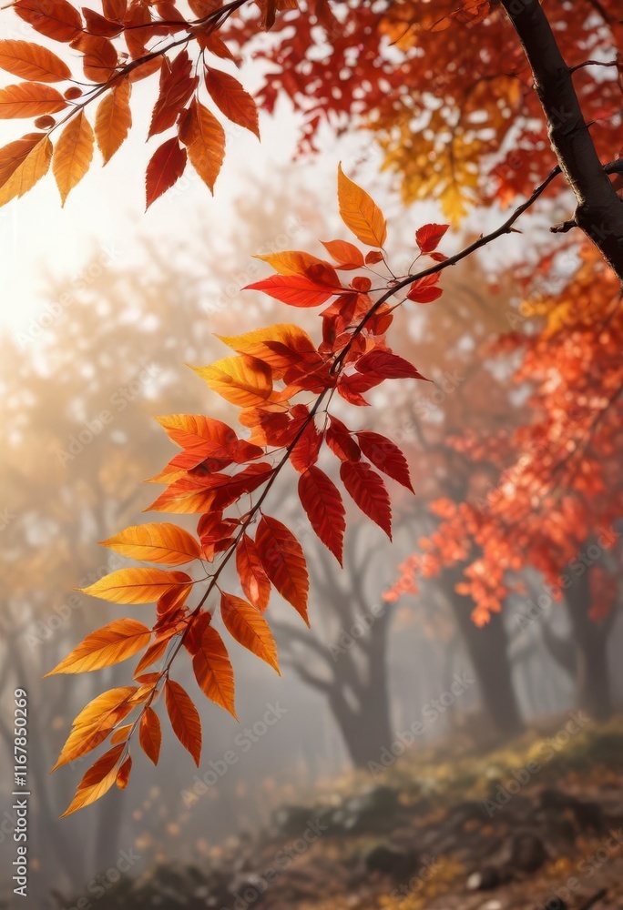 Autumn branch with vibrant red leaves and golden hues , fall, yellow, orange Autumn branch with vibrant red leaves and golden hues , fall, yellow, orange