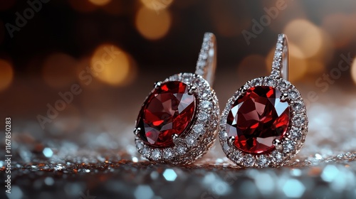 Beautiful ruby stud earrings embellished with diamond accents, perfect for adding a touch of sophistication and glamour to any outfit with a timeless elegance. photo