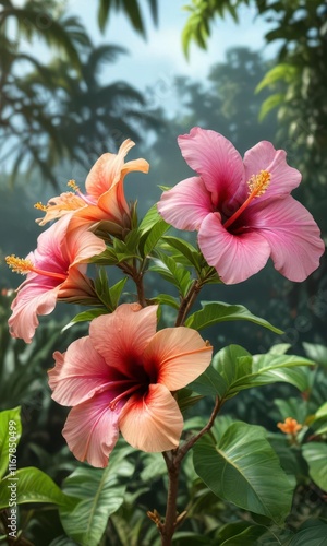 Wallpaper Mural Close-up of exotic flowers like hibiscus or plumeria on a stem in a lush garden,  jungle garden, exotic flower,  plumeria Torontodigital.ca