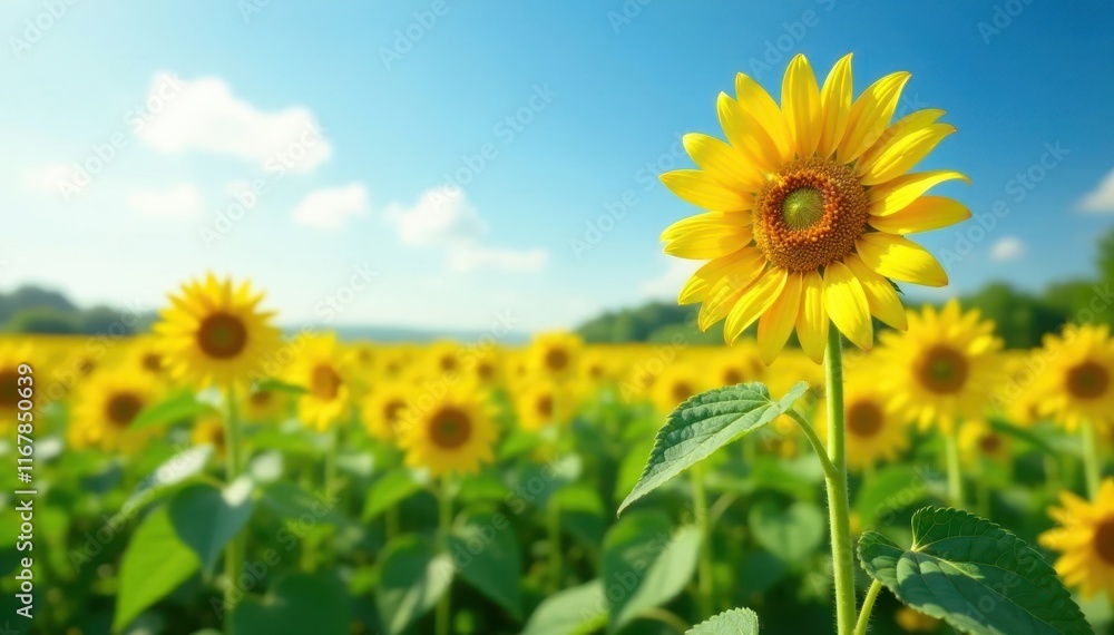 Vibrant yellow sunflower, towering above green field , macro, harvest Vibrant yellow sunflower, towering above green field , macro, harvest