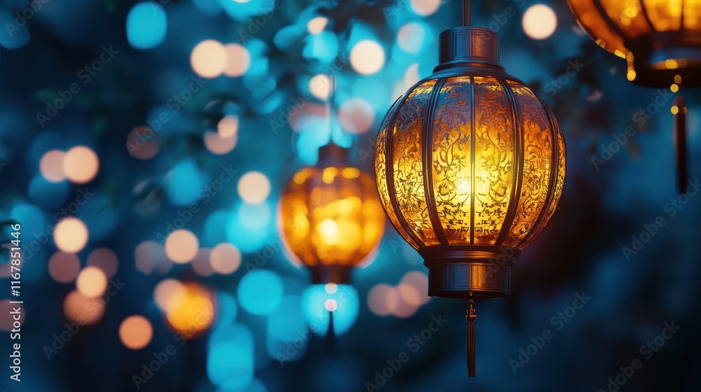 Illuminated lanterns hang among bokeh lights in a dark garden setting. Illuminated lanterns hang among bokeh lights in a dark garden setting.