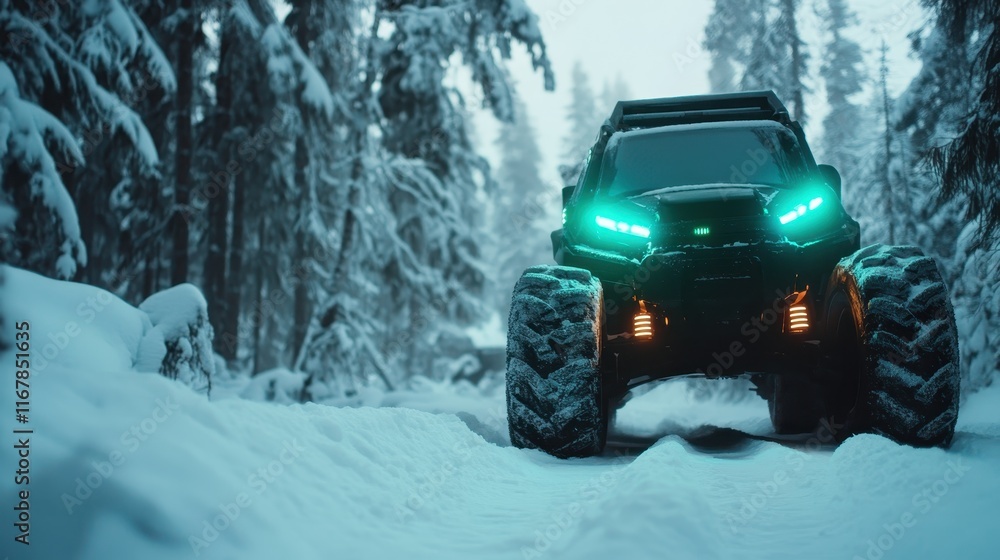 This striking image presents a futuristic off-road vehicle with vibrant headlights, set against a backdrop of a serene, snow-covered forest. This striking image presents a futuristic off-road vehicle with vibrant headlights, set against a backdrop of a serene, snow-covered forest.