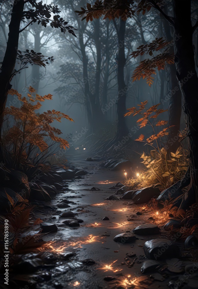 Obraz premium Dark forest with eerie glow, exotic leaves scattered on the ground, dark forest, overgrown vegetation, dense foliage