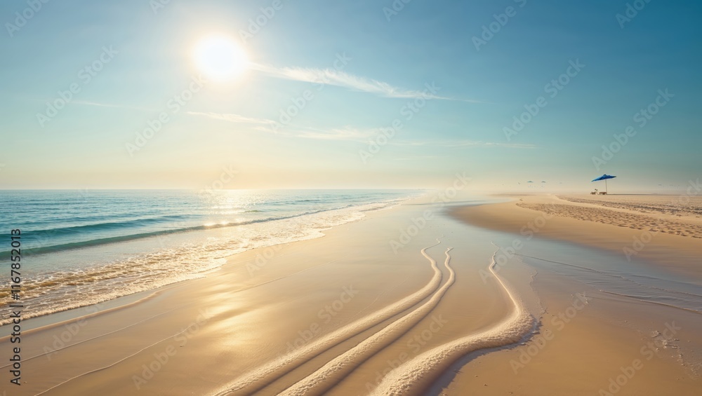 Fototapeta premium A serene beach scene at sunrise, featuring gentle waves lapping the shore with soft golden sand and a bright sun in the sky.
