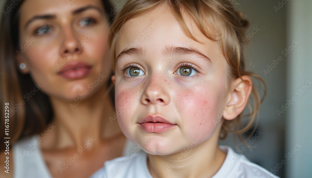 Close-up of a mother and her young daughter sharing a moment, with the child looking thoughtfully at the camera Close-up of a mother and her young daughter sharing a moment, with the child looking thoughtfully at the camera