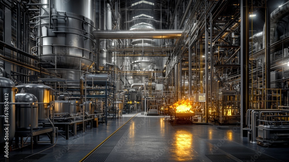 Fototapeta premium Industrial facility with large machinery and glowing furnace during night hours