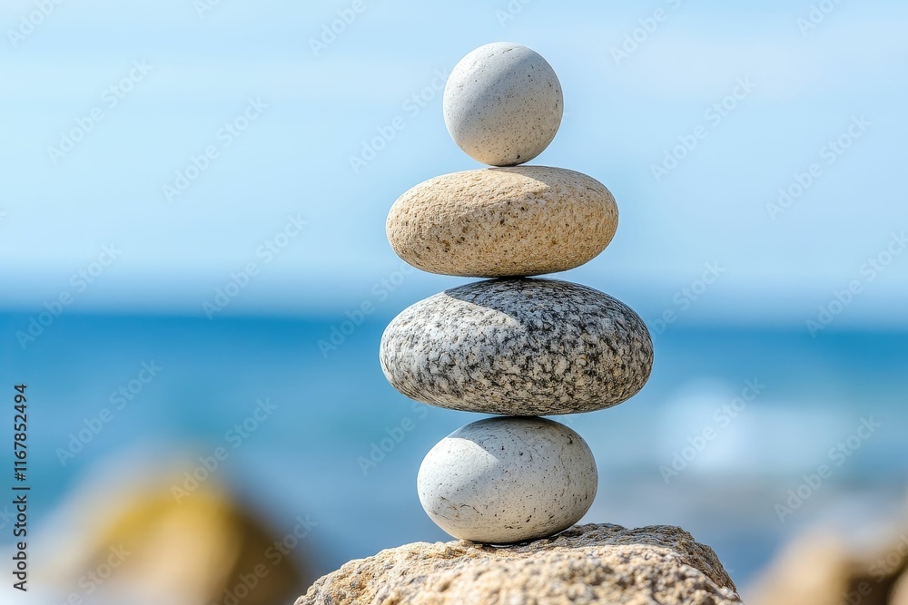 Balanced stones; ocean backdrop; serene scene. Balanced stones; ocean backdrop; serene scene.