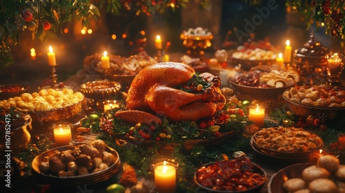 Festive roasted turkey feast on a grand medieval table, surrounded by various dishes,  candles, and greenery. photo