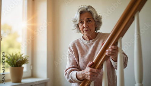 Elderly woman carefully descending stairs while holding onto the banister in a well-lit home environment