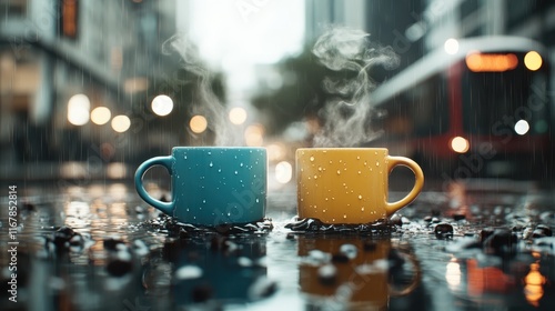 Two steaming coffee mugs, one blue and one yellow, resting on a rain-soaked street, evoking warmth and connection on a cool rainy day in an urban setting. photo