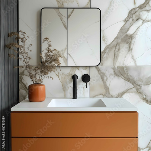 imagine a bathroom with grey calacatta like big format porcelain tailes with floating terracota orange vanity very narrow 4 cm height white counter top and wall kohler p photo