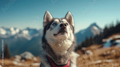 A striking Siberian Husky gazes upwards in a stunning mountain landscape, showcasing its beauty, grace, and the majestic connection to wild, natural surroundings. photo