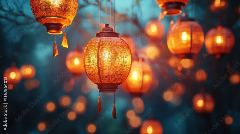 Warm glowing lanterns hanging from branches in twilight. Warm glowing lanterns hanging from branches in twilight.