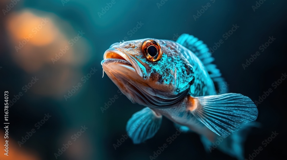 An engaging underwater scene showcasing an intricately colored fish with stunning patterns and vivid hues as it gracefully swims through its aquatic habitat. An engaging underwater scene showcasing an intricately colored fish with stunning patterns and vivid hues as it gracefully swims through its aquatic habitat.