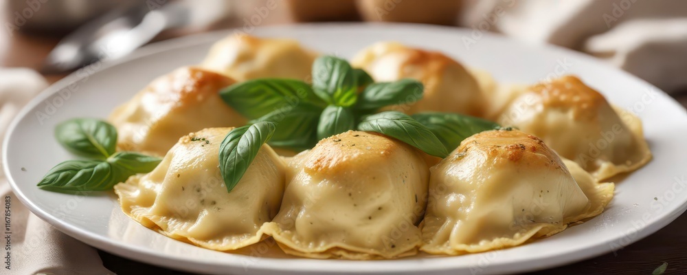 Delicate ravioli with ricotta and basil filling placed on a white plate , dessert, basil, food Delicate ravioli with ricotta and basil filling placed on a white plate , dessert, basil, food