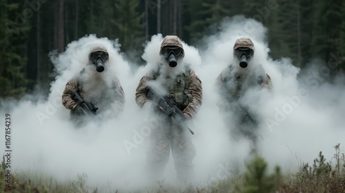 This dramatic image depicts three soldiers in gas masks, immersed in a foggy forest, representing themes of fear, survival, and the unknown in a war-like atmosphere.