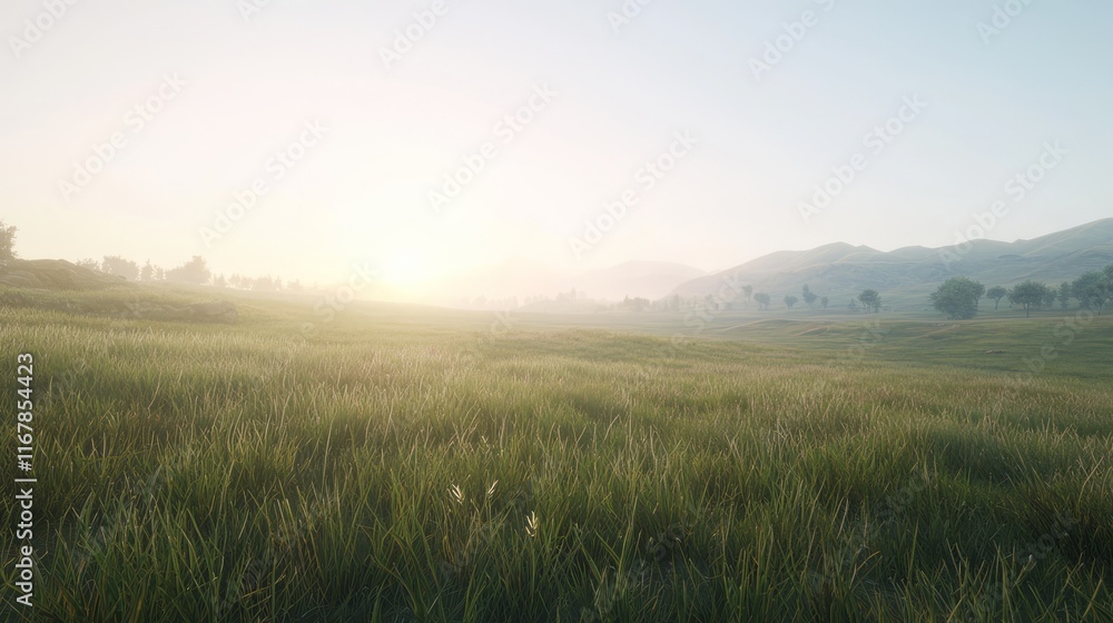 Serene Morning in the Misty Field - A Tranquil Landscape at Sunrise Serene Morning in the Misty Field - A Tranquil Landscape at Sunrise
