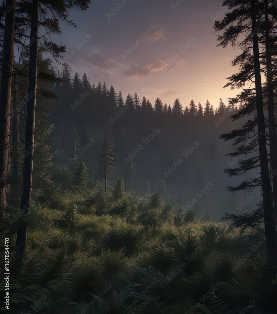 Dense forest at dusk with trees silhouetted against dark wood background, eerie, forest, nighttime Dense forest at dusk with trees silhouetted against dark wood background, eerie, forest, nighttime