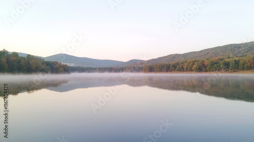 Tranquil Dawn: Serene Lake Reflection with Misty Mountains - Ultra-Detailed Landscape Photography