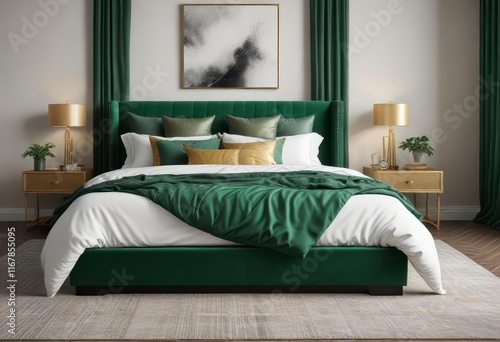 Emerald green and gold accents above king size bed ,  golden,  elegant style,  emerald green photo