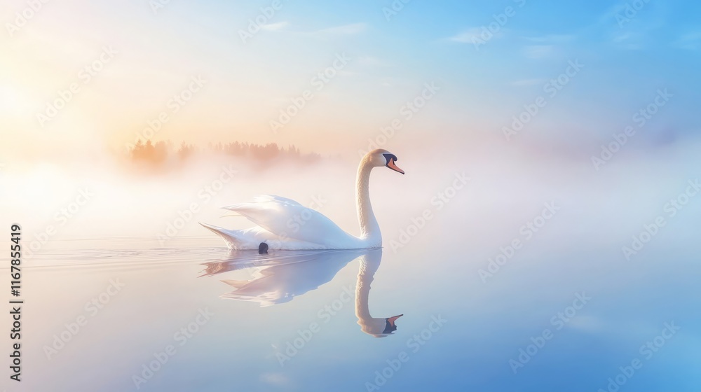 Fototapeta premium Misty Morning Serenity: Tranquil Lake with Graceful Swan Gliding on Water Surface