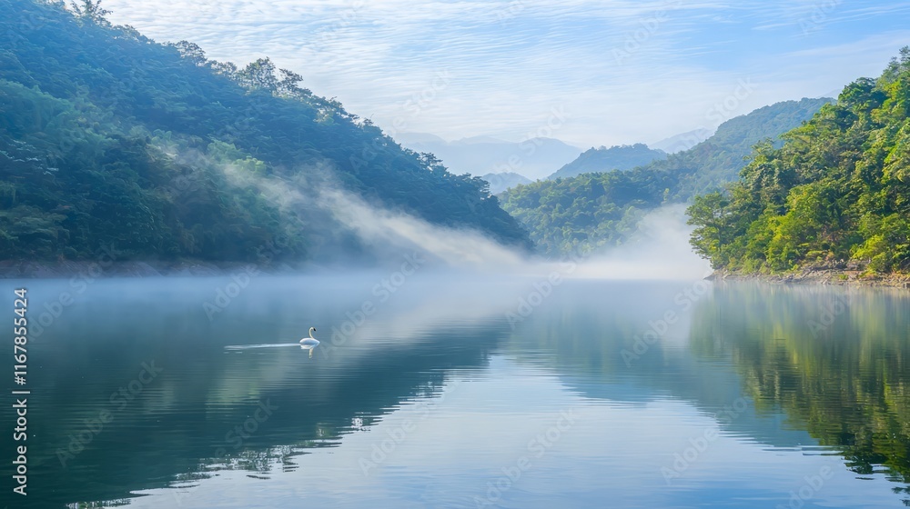 Tranquil Swan: Serene Lake with Fog, Graceful Swan Gliding on Water - Ultra-Detailed Nature Photography Conveying Peaceful Beauty Tranquil Swan: Serene Lake with Fog, Graceful Swan Gliding on Water - Ultra-Detailed Nature Photography Conveying Peaceful Beauty
