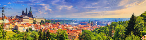Obraz na płótnie Summer cityscape, panorama, banner - view of the Hradcany historical district of Prague and castle complex Prague Castle, Czech Republic w salonie