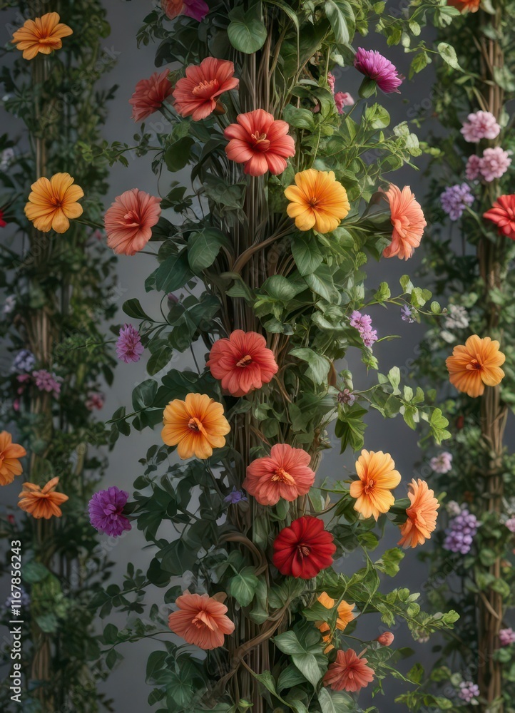 Floral vines wrapped around a central stem, creating a repeating pattern of shapes and colors, greenery, botanical design, interior design Floral vines wrapped around a central stem, creating a repeating pattern of shapes and colors, greenery, botanical design, interior design