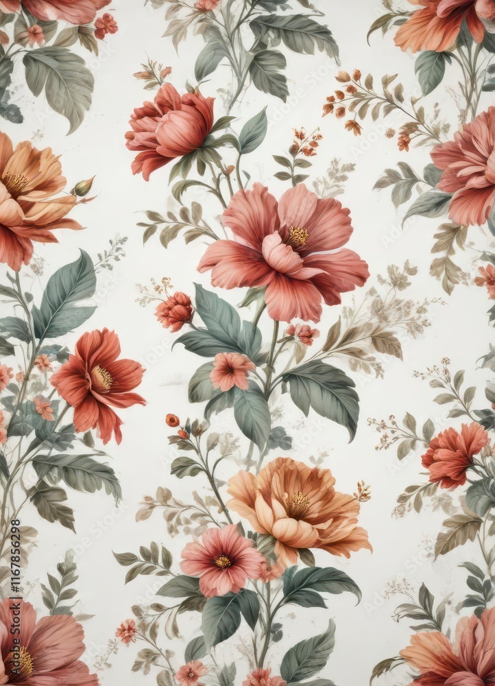 Fototapeta premium Distressed vintage floral pattern on white background, feminine, vintage, wallpaper