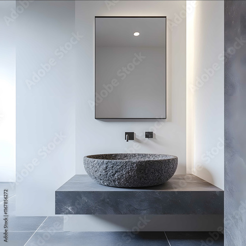 HD photorealistic highly detailed modern front view granite sink wash basin on the left white walls squared mirror claer grey tiles floor light above the sink back diffu photo