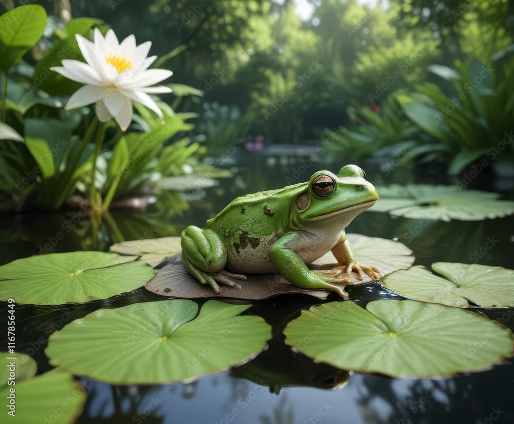 Frog perched on a lily pad in a serene pond with lush greenery, water, nature, green Frog perched on a lily pad in a serene pond with lush greenery, water, nature, green