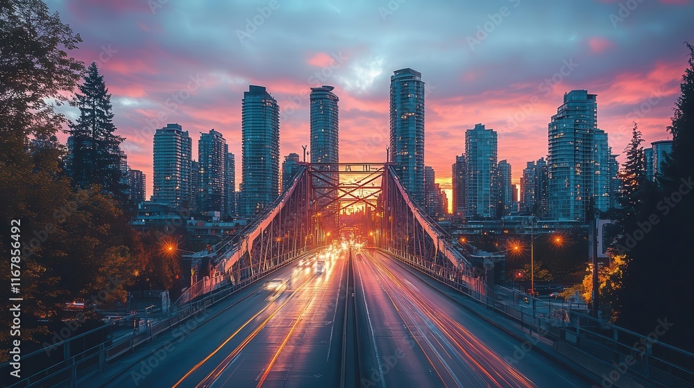 Fototapeta premium Bridge with city skyline, modern suspension bridge with cars crossing, tall skyscrapers in the background, sunset casting warm tones