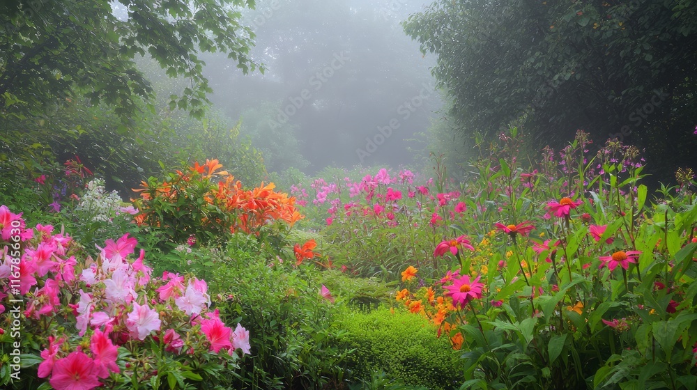 Fototapeta premium Tranquil Beauty of a Misty Morning in a Vibrant Flower Garden