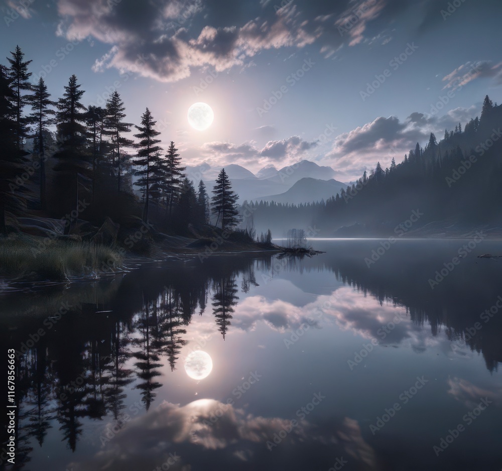 Fototapeta premium Ethereal clouds drift lazily across a dreamy, moonlit lake scene at dusk , cloud, sky, lake