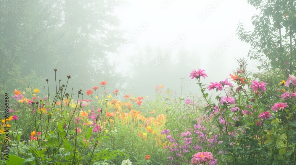 Obraz premium Serene Beauty: Misty Morning in Vibrant Flower Garden with Soft Light Illuminating Blossoms