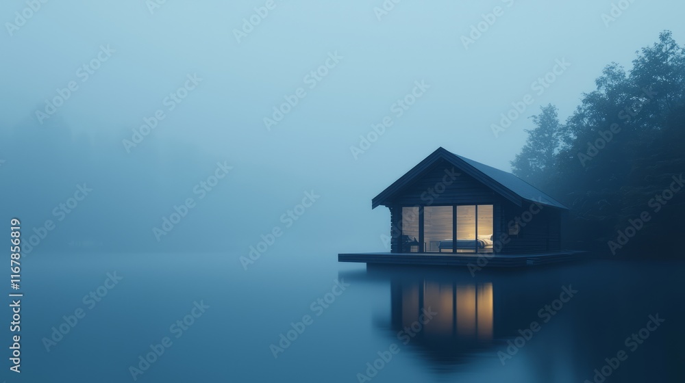 Tranquil Lakeside Cabin in Fog: Cozy Retreat Amidst Nature's Embrace Tranquil Lakeside Cabin in Fog: Cozy Retreat Amidst Nature's Embrace
