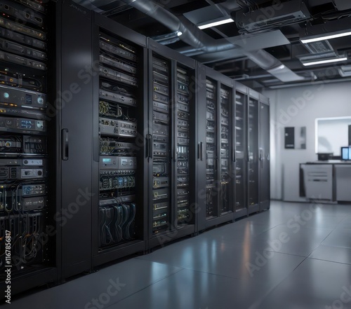 High-tech server room with humming servers and networking equipment ,  computer hardware,  IT infrastructure,  cybersecurity