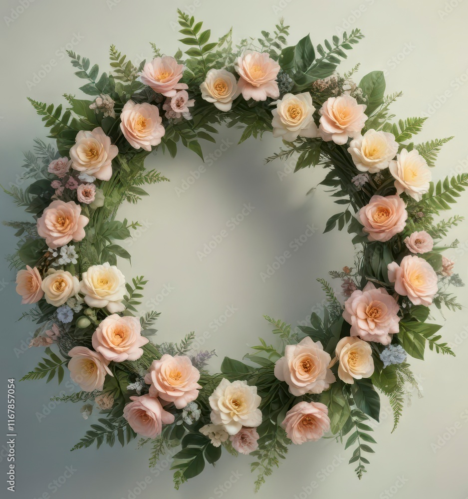 Floral wreath with lush greenery and soft pastel hues surrounding a elegant floral arrangement, floral, leaves, beauty